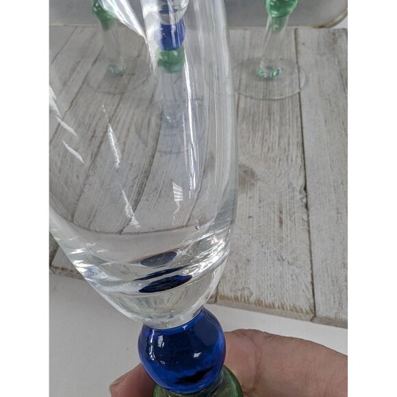 French Style Set of 4 Wine Drinking Glasses 8 5/8" Tall Clear Blue Green Stem - Picture 6 of 9